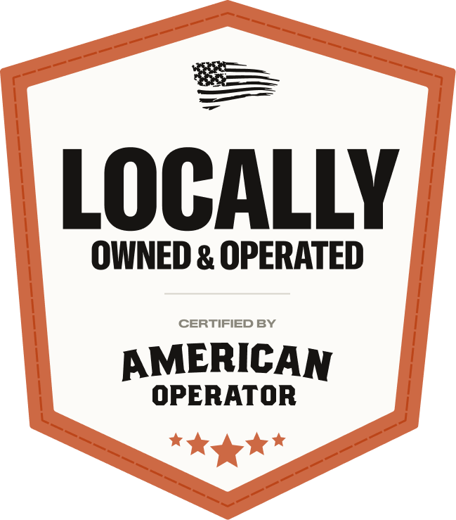 A badge design stating 'LOCALLY OWNED & OPERATED' with an American flag and the text 'CERTIFIED BY AMERICAN OPERATOR'.